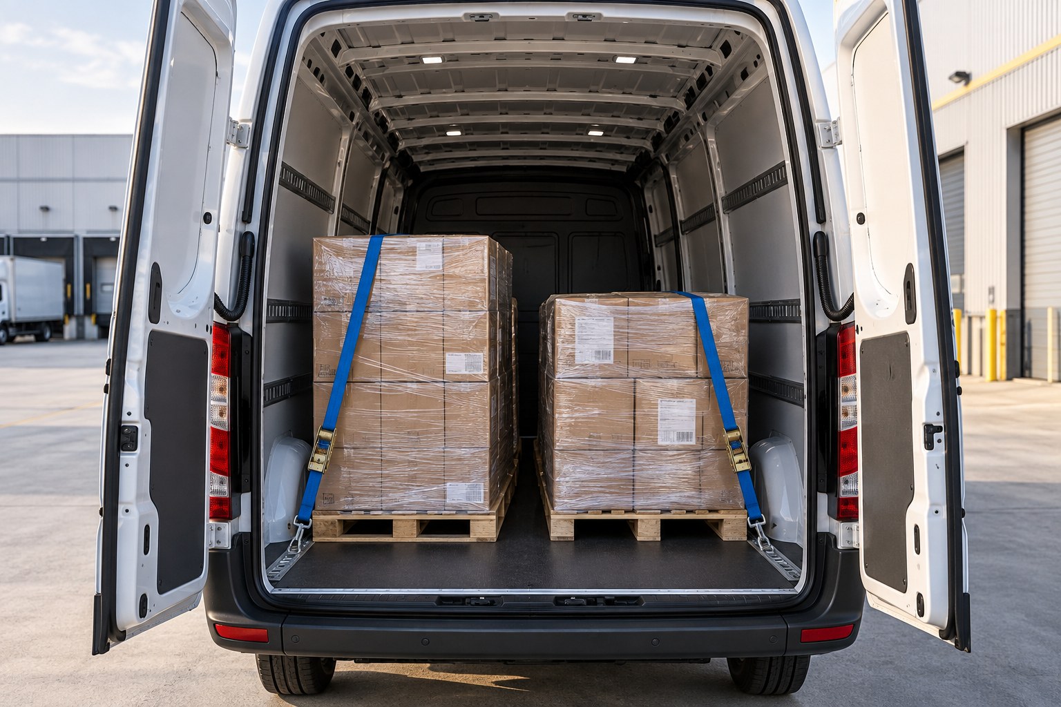 Open Sprinter cargo van carrying secured pallets and cardboard boxes
