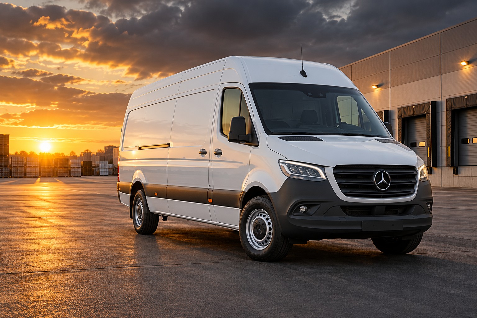 Clean white Mercedes-Benz Sprinter cargo van outside an industrial warehouse